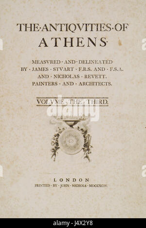 Titolo pagina del terzo volume del libro le antichità da Megara Stuart James & Revett Nicholas 1794 Foto Stock