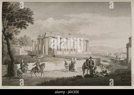 Il tempio di Apollo a Corinto antico in primo piano due uomini a cavallo e due donne promenading un piccolo partito Stuart James & Revett Nicholas 1794 Foto Stock