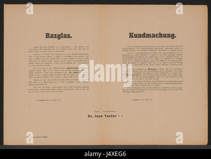 Questo poster multilingue del 1917 si riferisce alla fornitura di assistenza alle famiglie povere a Laibach, che ora è Lubiana, Slovenia. Probabilmente mira a mettere in evidenza iniziative di benessere sociale per le comunità povere. Foto Stock