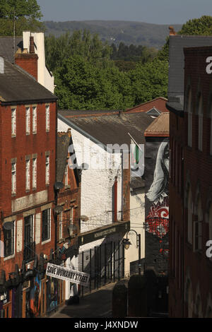 Salvare Womanby Street banner si blocca in Womanby Street, Cardiff, Galles. Womanby Street è una storica e iconico street a Cardiff, famosa per i locali musicali. Foto Stock
