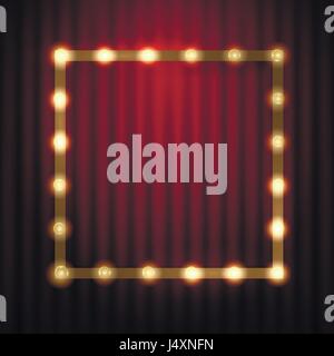 Lampadina della luce di frame contro rosso il teatro o il cinema a tendina. Incandescente cartello con uno spazio vuoto per il tuo testo. Illustrazione Vettoriale Illustrazione Vettoriale