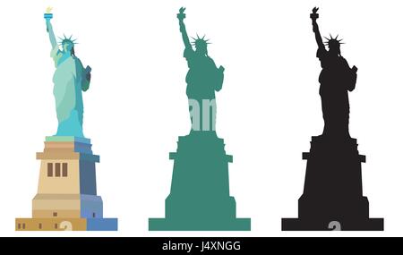 Isolato Statua della Libertà di New York colorato di verde e silhouette nera su sfondo bianco Illustrazione Vettoriale