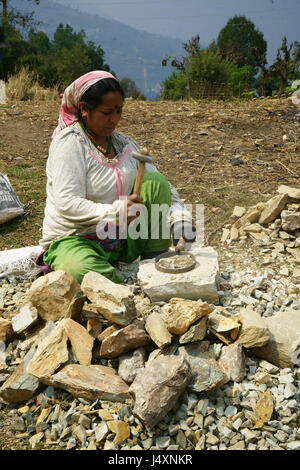 La donna la frantumazione di rocce con un martello per la costruzione di strade, di Yuksam, Sikkim, Indiia Foto Stock