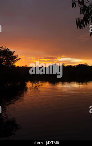 Parzialmente nuvoloso tramonto arancione sul fiume Amazon con increspature nella superficie di acqua in radianti Foto Stock