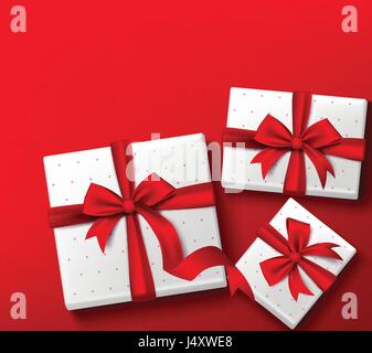 Colorata confezione regalo rossa con disegno vettoriale e nastro di raso e archetto per il giorno di San Valentino, celebrazione di compleanno, Natale, festa e anniversario. Illustrazione Vettoriale