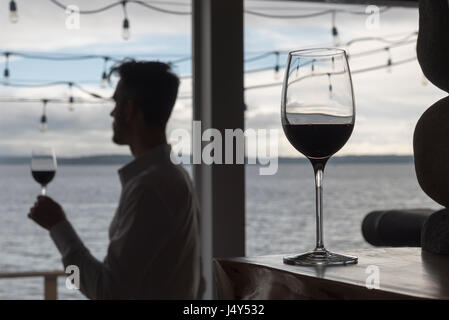 Hero bicchiere da vino con uomo in silhouette in piedi in background dalla finestra azienda crystal stemware Foto Stock