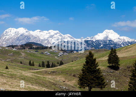 Bellissima vista sul villaggio di pastore, altopiano di Velika planina in Slovenia, contro il cielo blu e le alte montagne coperte di neve. Spazio per il testo Foto Stock