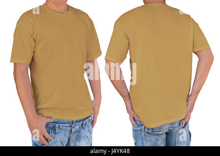 Uomo che indossa blank berley colore mais t-shirt con percorso di clipping, vista anteriore e posteriore. Modello per inserire il logo, disegno, o di opere d'arte. Foto Stock