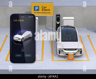 Quota di auto parcheggio e lo smartphone app per la condivisione. Utilizzando l'automobile condividere app per sbloccare l'auto. Il rendering 3D'immagine. Foto Stock