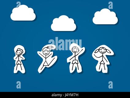 Bambini a giocare. Felice giornata per i bambini. Disegnati a mano, scarabocchio. Contenti i bambini a giocare. I bambini lo stile di disegno. Sfondo blu. Posto per il testo. Vettore Illustrazione Vettoriale