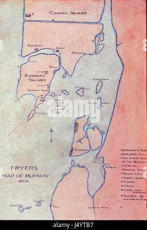 Vecchio vintage 1600s mappa di Bombay 1672 friggitrice, Mumbai, Maharashtra, India, Asia Foto Stock