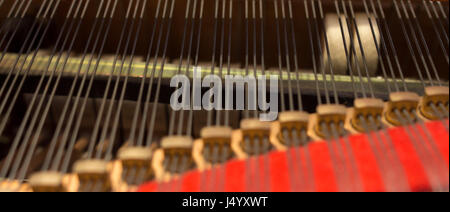 Pianoforte agraffes closeup e due testa di martello in azione, il fuoco selettivo sulle stringhe Foto Stock