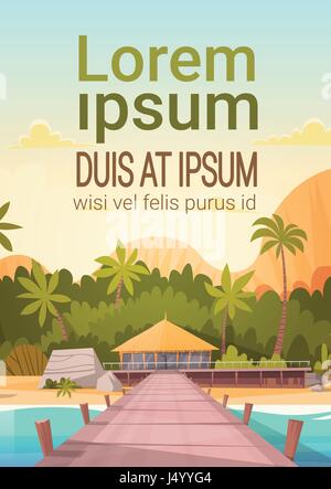 Spiaggia tropicale con acqua Bungalow casa paesaggio, viaggio estivo Concetto di vacanza Illustrazione Vettoriale