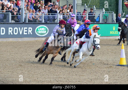 Il Royal Windsor Horse Show 2017 Rocco, figlio di Frankie Dettori, ha dichiarato il primo posto nello Shetland Pony Grand National l'ultimo giorno del Royal Windsor Horse Show, Windsor, Berkshire, Inghilterra, Regno Unito Foto Stock