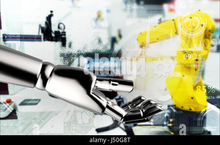 Internet industriale di cose , industria , 4.0 intelligenza artificiale e profondo concetto di apprendimento. 3D rendering Robot mano azienda ingranaggi con sfumatura di colore blu Foto Stock