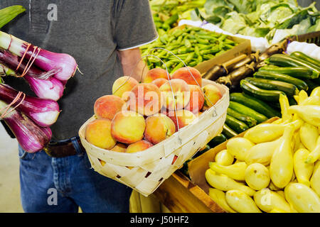 Alabama Thomasville,produzione locale,stand,vendita al dettaglio,vetrina,merchandise,imballaggio,marche,basket,cipolle,pesche,zucchine,giallo s. Foto Stock