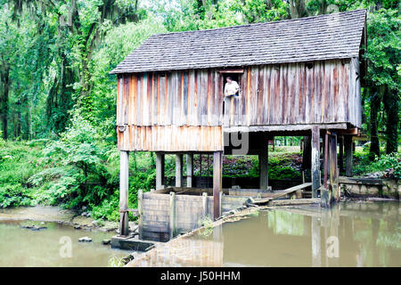 Alabama, Beatrice, Rikard's Mill, mulino a grano ad acqua, museo, costruito 1845, uomo uomini maschio adulti, Flat Creek, legno, macinazione, tavola e batten, sotto nuovo Foto Stock