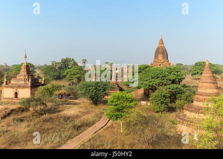 Vista panoramica di molti templi e pagode nella antica pianura di Bagan in Myanmar (Birmania) in una giornata di sole. Foto Stock