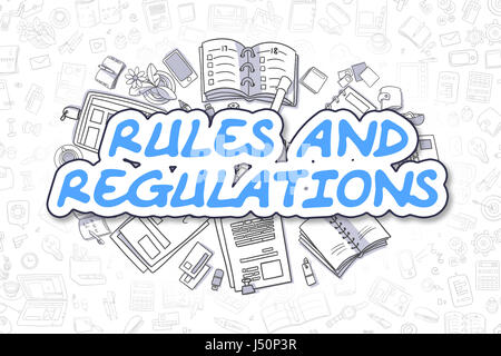 Norme e regolamenti - Doodle Il testo in blu. Il concetto di business. Foto Stock
