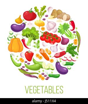 Banner composizione rotondo con verdure colorate per il mercato degli agricoltori menu design. Cibo sano concetto. Illustrazione Vettoriale. Illustrazione Vettoriale