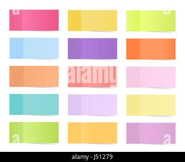 Vector sticky notes isolato su bianco. Carta colorata adesivi per ricordare illustrazione.Collezione di coloratissimi sticky notes, ombre trasparenti Illustrazione Vettoriale