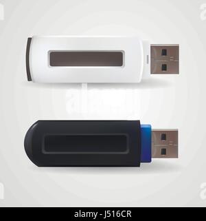 Flash drive USB nei colori bianco e nero. Il vettore isolato in uno sfondo bianco. Illustrazione Vettoriale