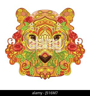 Zentangle etnica ornato HandDrawn testa Leone. Dipinto di inchiostro Doodle testa di animale illustrazione vettoriale. Schizzo per Tattoo, Poster, Stampa o t-shirt. Rilassante Illustrazione Vettoriale