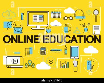 Educazione on line il concetto di banner. L'E-learning. Linea sottile icone. Illustrazione Vettoriale.Per il banner web e i materiali promozionali. Illustrazione Vettoriale