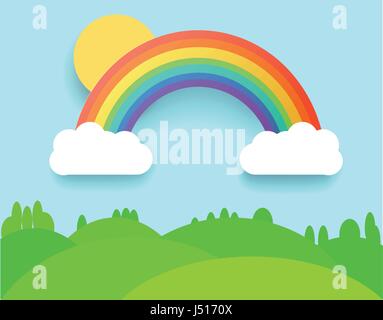 Arcobaleno colorato con le nuvole, erba e campo. Paesaggio di vettore illustrazione. Illustrazione Vettoriale
