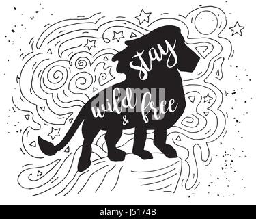 Lion illustrazione con soggiorno selvaggio e libero preventivo motivazionale.disegnati a mano vintage grunge doodle illustrazione con scritte a mano. Per il biglietto di auguri, T-s Illustrazione Vettoriale