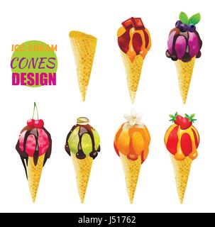 Coni gelato. Il design del vettore. Diversi sapori. Illustrazione Vettoriale