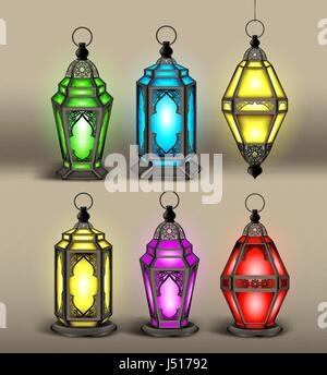 Set di vettore di elegante arabo o islamico o Lanterna Fanous con luci colorate per decorazione o elementi di design. Modificabile illustrazione vettoriale Illustrazione Vettoriale