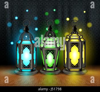 Set di vettore di eleganti Ramadan Kareem Lanterna o Fanous con luci colorate nel modello Islamico di sfondo per il mese sacro occasione del digiuno. Illustrazione Vettoriale