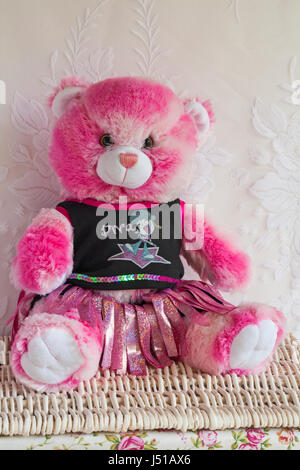 I capelli lunghi rosa e bianchi sopportano il peluche peloso peloso peluche Portare vestito Diva Girl dalla Bear Factory seduto Su cesto di vimini - orso dentato rosa Foto Stock