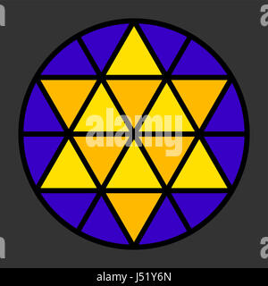 Hexagram leadlight impressione, generato da un triangolo nero pattern in un cerchio di colore giallo e con il colore blu. Finestra di rosette, anche Catherine finestra. Foto Stock