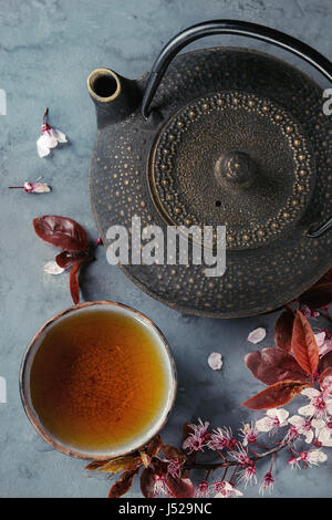 Nero teiera in ferro e ceramica tradizionale tazza di tè con il fiore fiori di colore rosa ciliegia ramo blu grigio metallo sfondo texture. Vista da sopra con sp Foto Stock