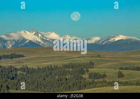 Luna piena impostazione oltre la pietra focaia creek gamma e colline della tomaia spotted dog creek vicino bacino avon, montana Foto Stock