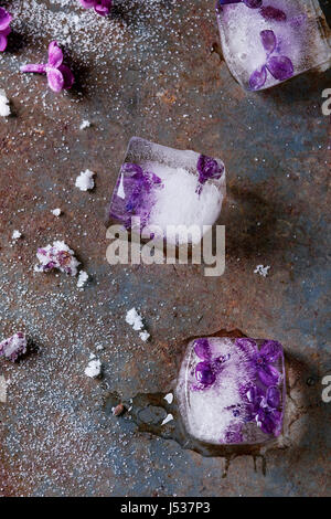 Cubetti di ghiaccio con fiori lilla, dello zucchero bianco e confetti fiori lilla su vecchie di ferro arrugginito sfondo. Vista superiore Foto Stock