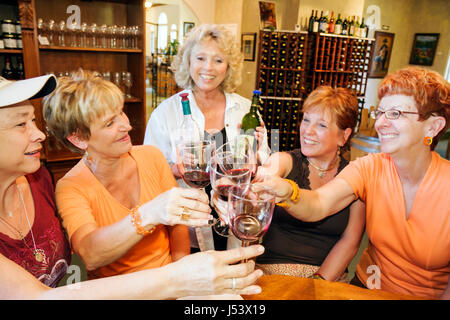 Eureka Springs Arkansas, Ozark Mountains, Keels Creek Winery & Art Gallery, donna femminile, degustazione di vini, hostess, bottiglie, bicchieri, girlfriends, sensoriale, r Foto Stock