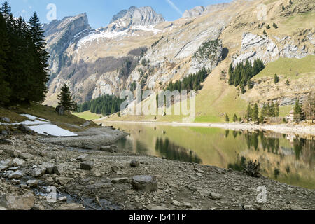 Tranquillo paesaggio del lago di seealpsee riflettendo la montagna in Alpstein, Svizzera Foto Stock