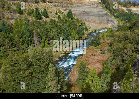 Fiume Truful-Truful in esecuzione attraverso una profonda gola con colorate erose scogliere in Conguillio Parco Nazionale nella regione Araucania del Cile Foto Stock