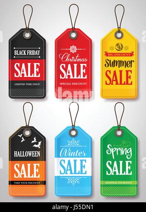 Vendita stagionale Tags vettore per il Black Friday, Natale, estate, Halloween, in inverno ed in primavera per la promozione del negozio. Illustrazione Vettoriale. Illustrazione Vettoriale