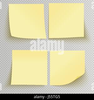 Set di office gialli adesivi appiccicosi con ombra isolata su uno sfondo trasparente. Vettore post giallo modello note. Illustrazione Vettoriale