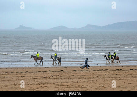 Swansea, Regno Unito. 16 Maggio, 2017. Regno Unito Meteo. Cavalieri coraggiosi il bagnato e ventoso sul lungomare a Swansea Bay questo pomeriggio. Credito: Phil Rees/Alamy Live News Foto Stock