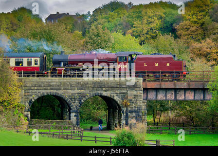 Il Leander sulla East Lancashire Railway autunno team gala. Il motore è visto passando attraverso le bave Country Park nella periferia di Bury Foto Stock