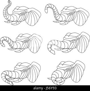 Insieme di raccolta di illustrazioni di un elefante testa giocando con il tronco visto in diversi movimenti fatto in mono stile linea. Illustrazione Vettoriale