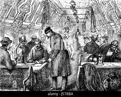 1879: passeggeri a bordo di un pullman rampa Salone Auto in Pennsylvania Railroad, New York City a Baltimora, nello Stato di New York, Stati Uniti d'America Foto Stock