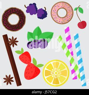 Set di caramelle, piatta illustrazione. Ciambella, bacche, e limone isolati gli elementi del vettore Illustrazione Vettoriale