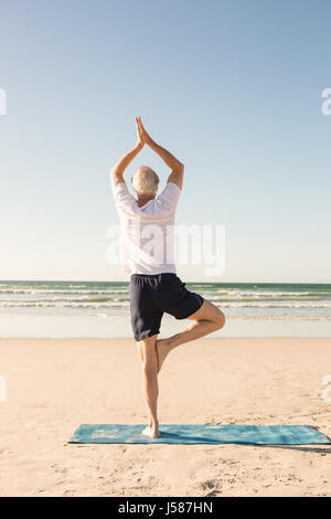 Vista posteriore di active senior man praticando la posizione dell'albero a beach Foto Stock