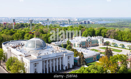 Viaggiare in Ucraina - sopra la vista della Verkhovna Rada edificio (Consiglio supremo di Ucraina) su Hrushevsky street e Mariyinsky palace di Mariinsky park un Foto Stock